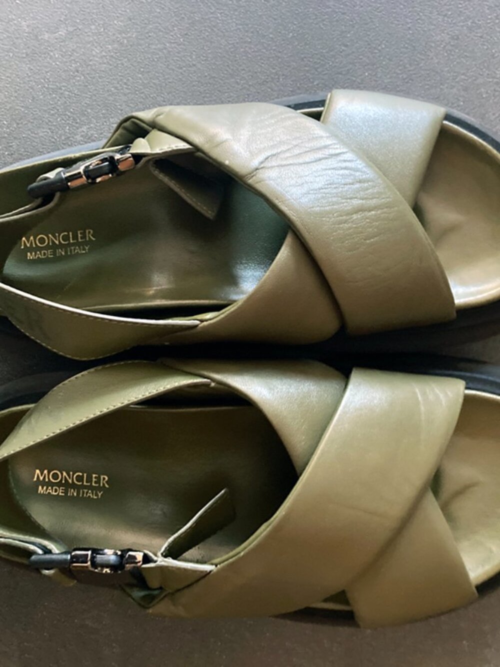 Moncler Solarisse leather sandals, olive green, size 38